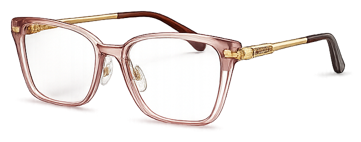 Óculos de grau feminino em acetato rosé translúcido com hastes douradas — Óticas Carmo Umuarama